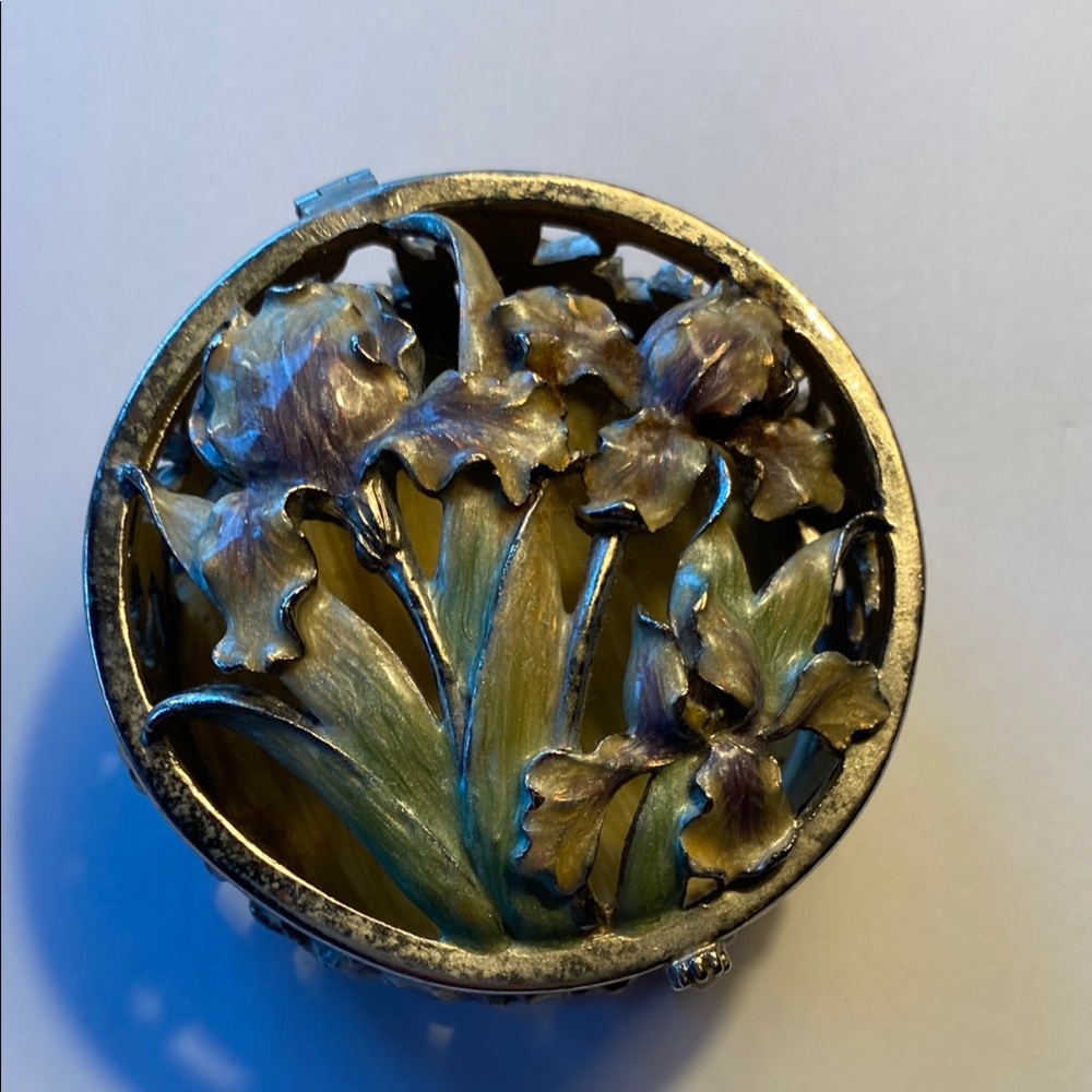 Decorative trinket box with purple irises.